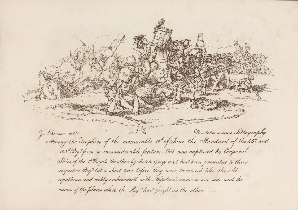 Stiles tizedes az 1. Royalsból és a skót szürkék a 45. és 105. ezred mércéjét ragadják meg a waterlooi csatában, 1815. június 18-án, R. Ackermann litográfiája, 1815 alkotó: John Augustus Atkinson