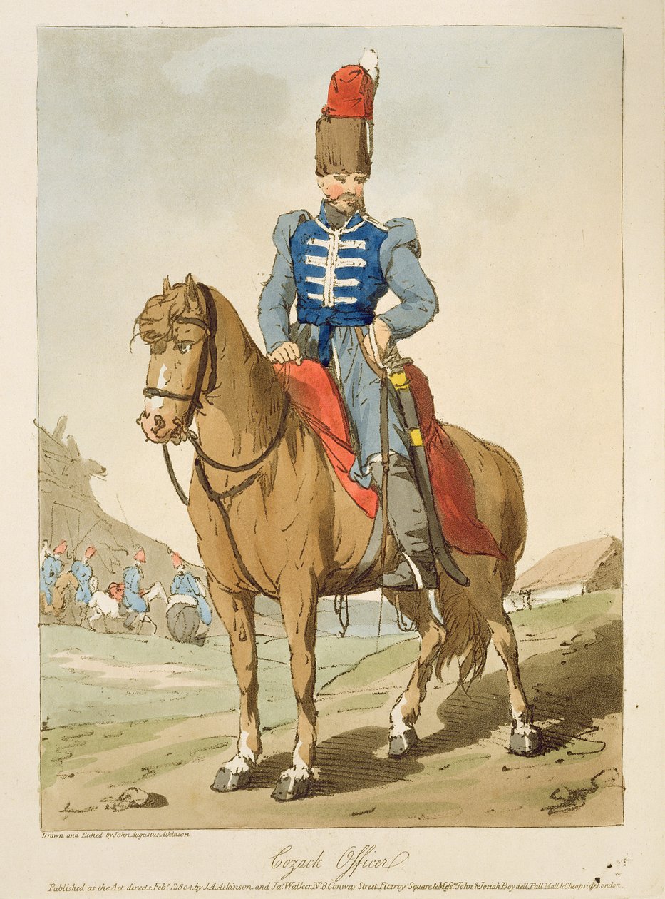 A művész által metszett kozáktiszt 1804-ben jelent meg alkotó: John Augustus Atkinson