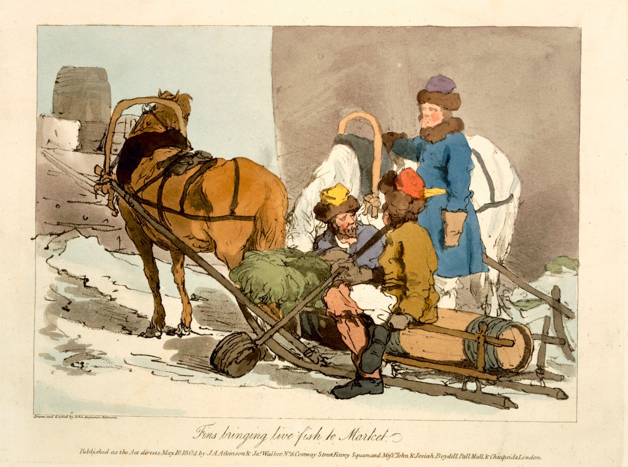 A művész által metszett Uszonyok élő halat hoznak a piacra, 1804-ben jelent meg alkotó: John Augustus Atkinson