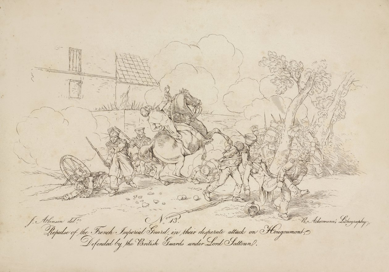 A francia birodalmi gárda visszaverése a Hougoumont elleni kétségbeesett támadásban, amelyet a brit gárda védett Lord Saltoun vezetésével, R. Ackermann litográfiája, 1815 alkotó: John Augustus Atkinson