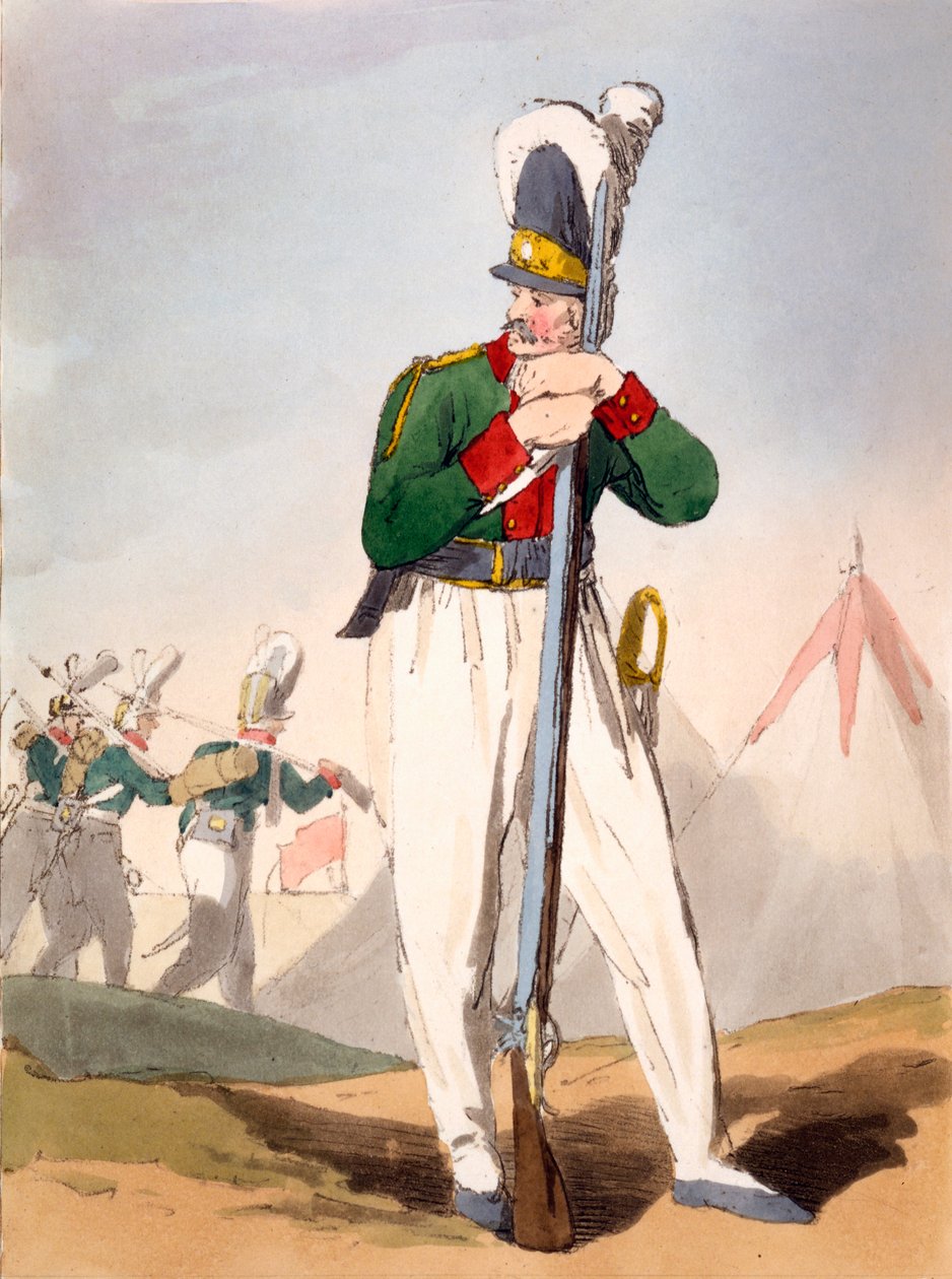 Orosz katona, illusztrációja James Walker „The Manners, Customs and Amusements of the Russians” című művéből, megjelent 1803-4 (akvatinta rézkarc) alkotó: John Augustus Atkinson