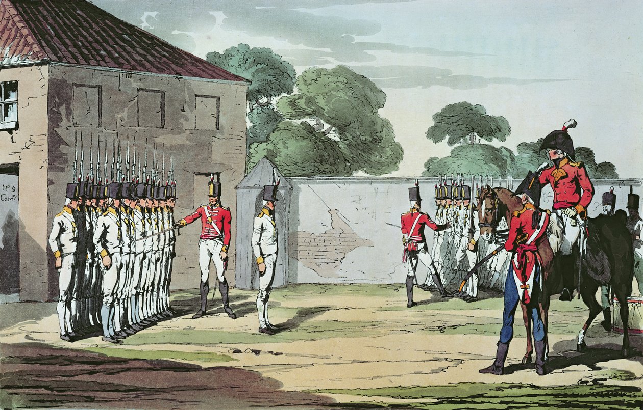 Katonák fúrása, 1807 (színes rézkarc) alkotó: John Augustus Atkinson