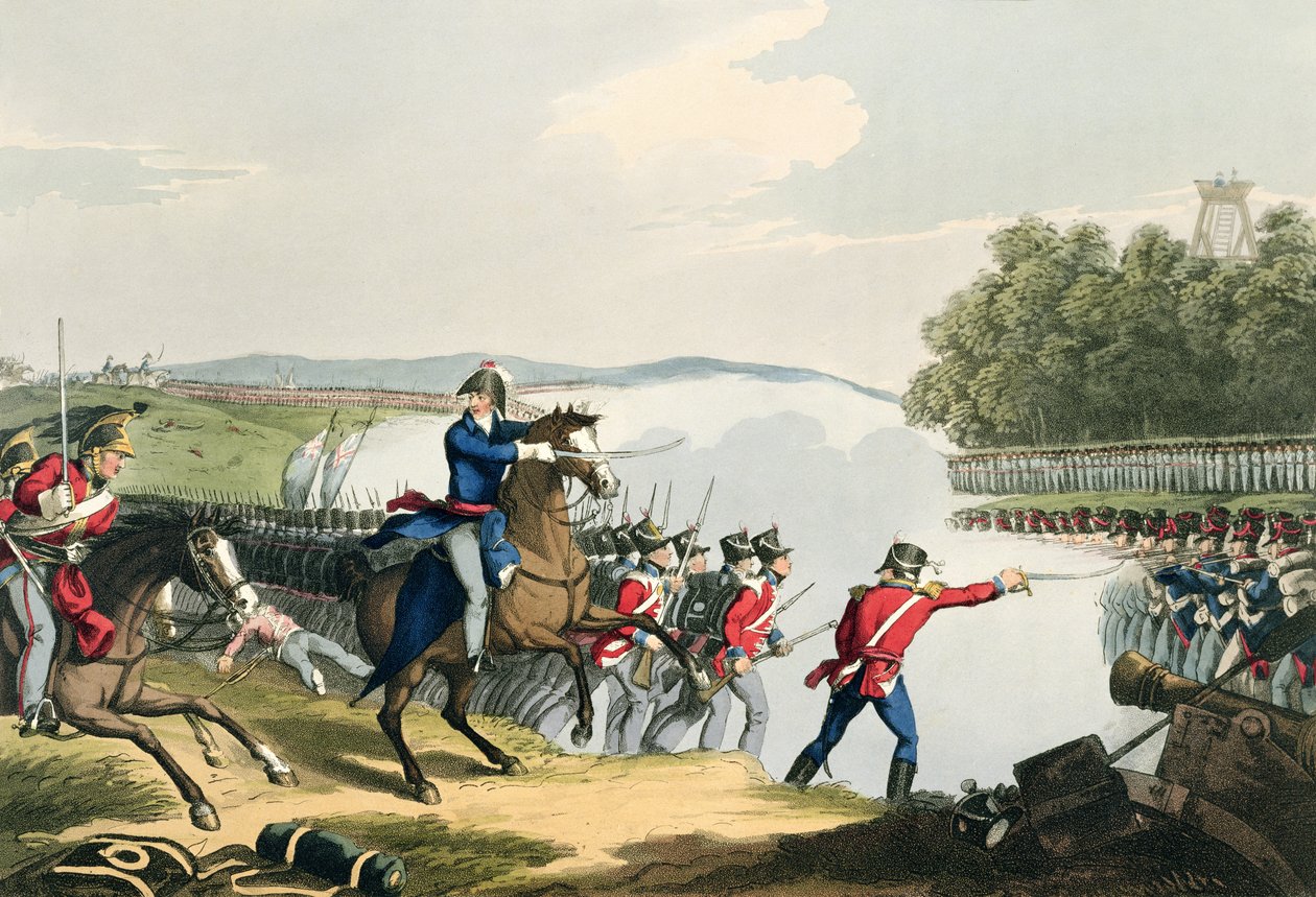 A waterlooi csata Wellington hercege döntése, Matthew Dubourg (fl.1813-20) metszete a „Történelmi, katonai és haditengerészeti anekdoták” című kocsmából. írta: Edward Orme (1774-1820 körül) 1815 (akvatinta) alkotó: John Augustus Atkinson