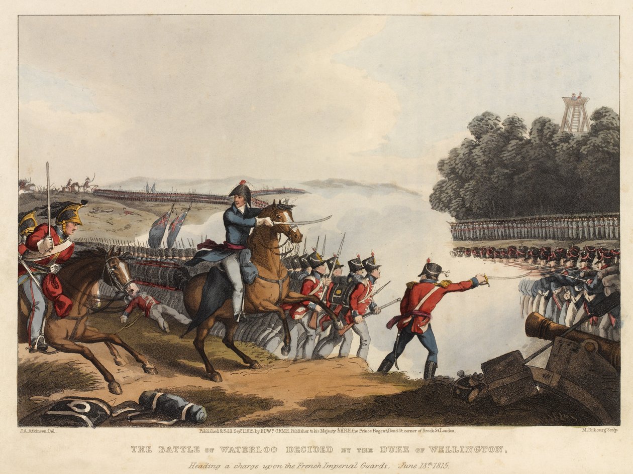 A Waterloo-i csata Wellington hercege által, a francia birodalmi gárda ellen indított rohamban, 1815. június 18-án, M. Dubourg metszetével, 1819 (színes akvatinta) alkotó: John Augustus Atkinson