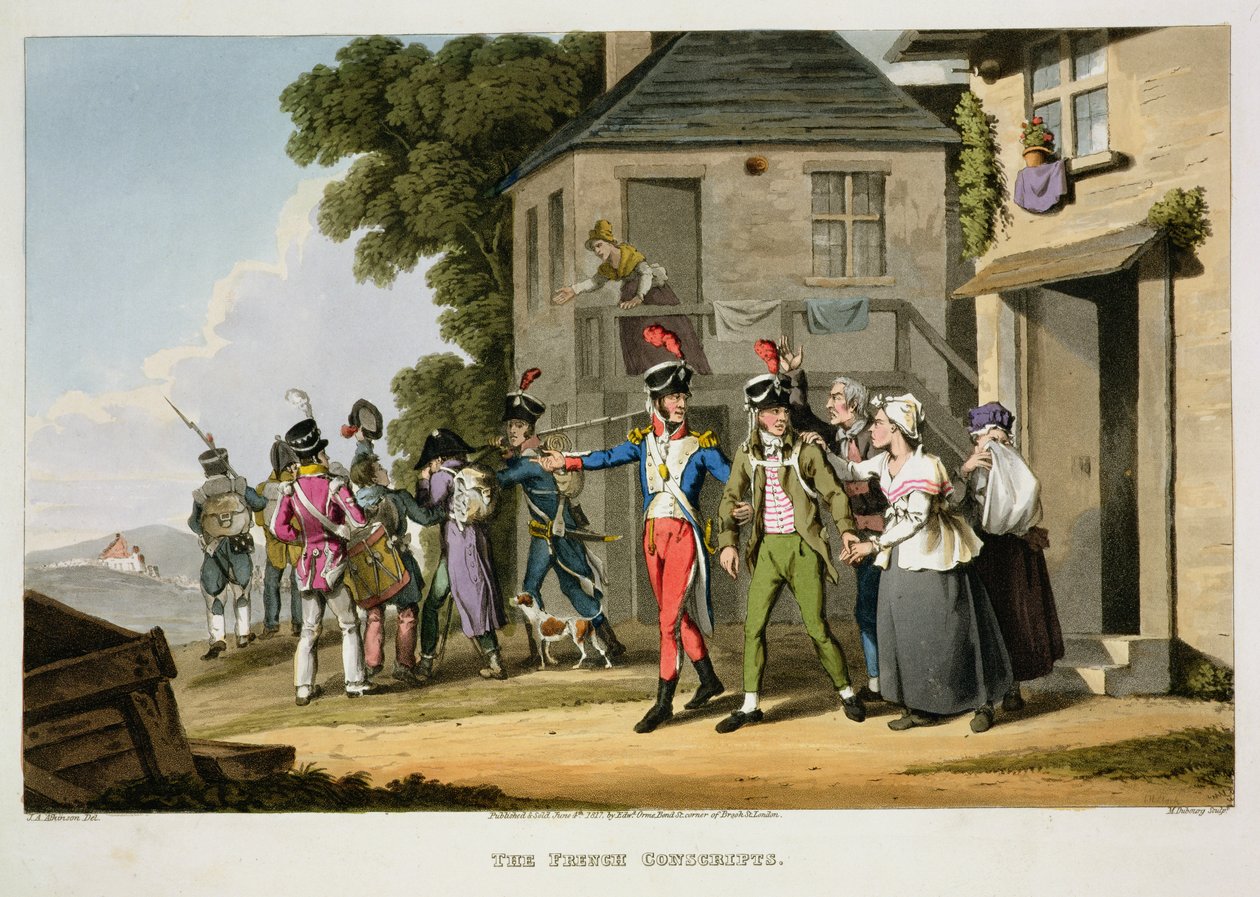 A francia hadkötelesek, Matthew Dubourg (fl. 1813-20) és John Heaviside Clark (kb. 1771-1863) a "Történelmi, katonai és haditengerészeti anekdoták"-ból, pub. írta: Edward Orme (1774-1820 körül) 1817 (akvatinta) alkotó: John Augustus Atkinson