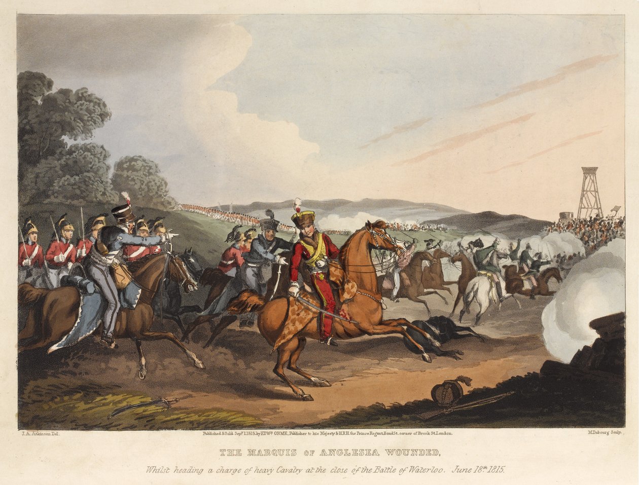 Anglesea márki [sic] megsebesült, miközben nehézlovasság rohamát vezette a waterlooi csata végén, 1815. június 18-án, metszet: M. Dubourg, 1819 (színes akvatinta) alkotó: John Augustus Atkinson