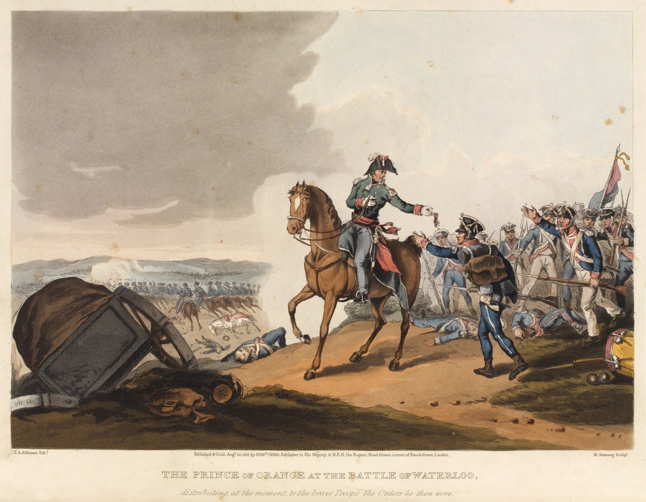 Orange hercege a waterlooi csatában, aki jelenleg a bátor csapatok között osztja ki az akkor viselt parancsokat, M. Dubourg metszetét, 1819 (színes akvatinta) alkotó: John Augustus Atkinson