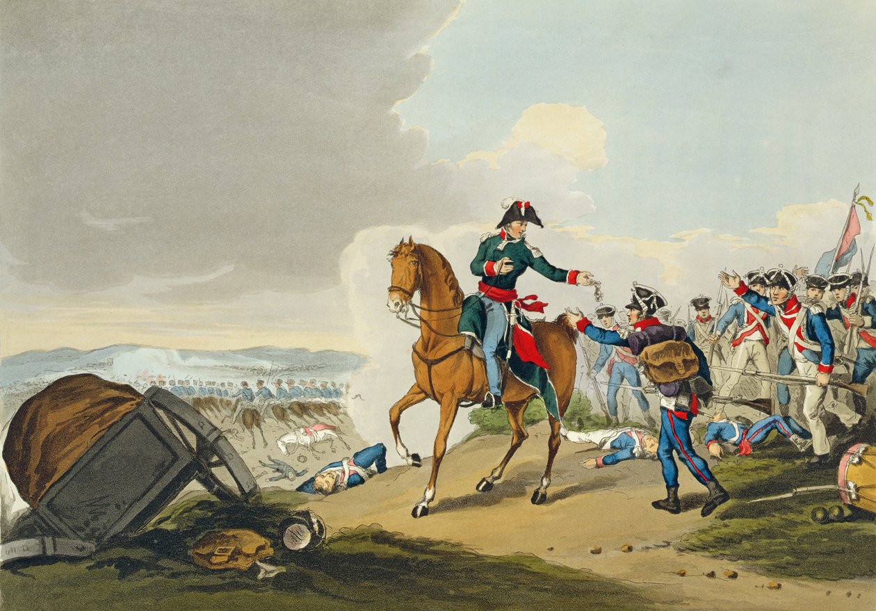 Orange hercege a waterlooi csatában, Matthew Dubourg (fl.1813-20) metszete a „Történelmi, katonai és haditengerészeti anekdoták” című kocsmából. írta: Edward Orme (1774-1820 körül) 1815 (akvatinta) alkotó: John Augustus Atkinson