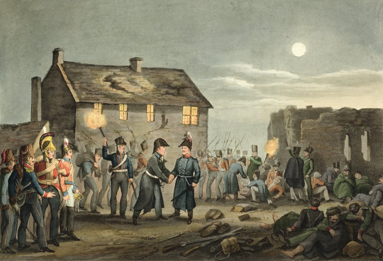 Wellington és Blucher találkozása véletlenül a waterlooi csata végén, Matthew Dubourg (fl.1813-20) metszete a "Történelmi, katonai és haditengerészeti anekdoták" című kocsmából. írta: Edward Orme (1774-c.1 alkotó: John Augustus Atkinson