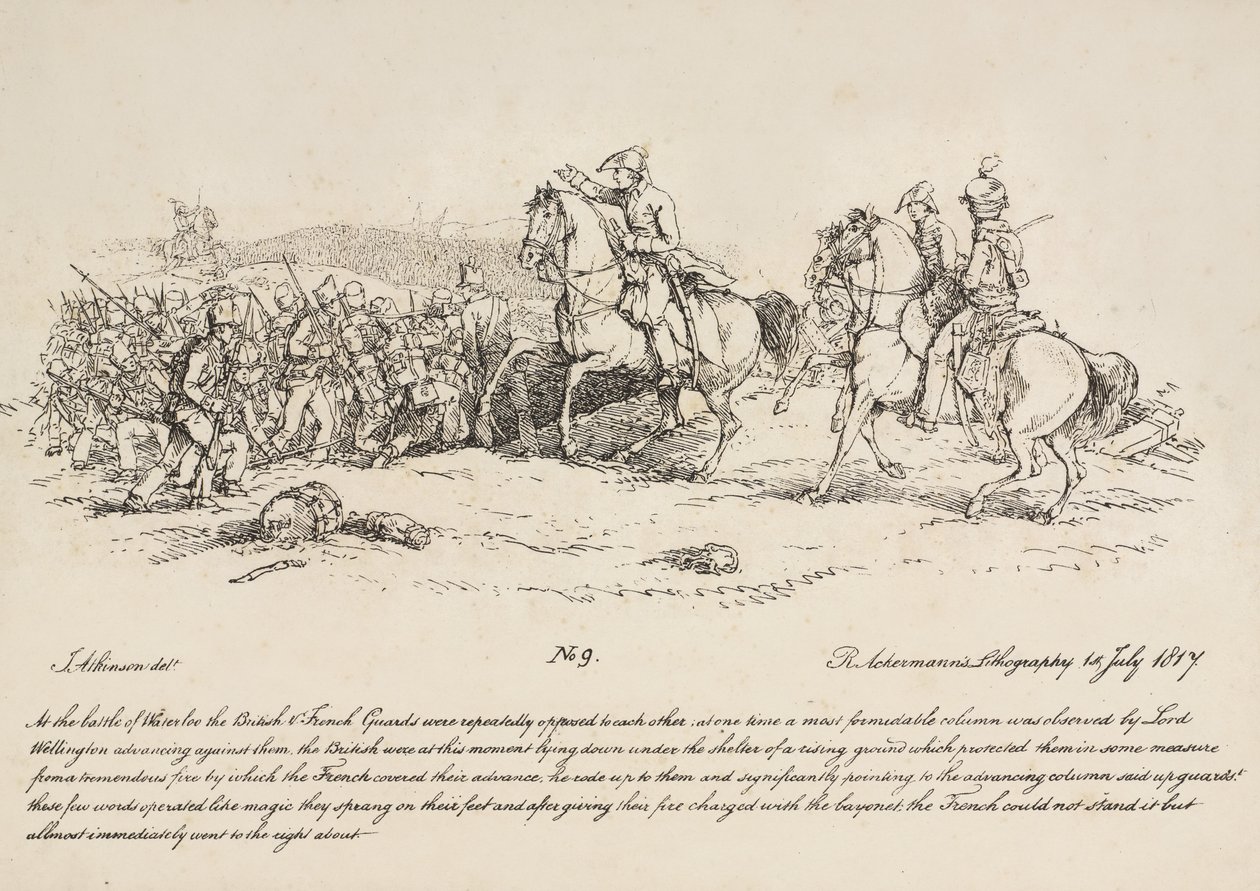 Wellington az őrök rohamát irányítja egy franciák oszlopa ellen Waterloo-ban, R. Ackermann litográfiája, 1815 alkotó: John Augustus Atkinson