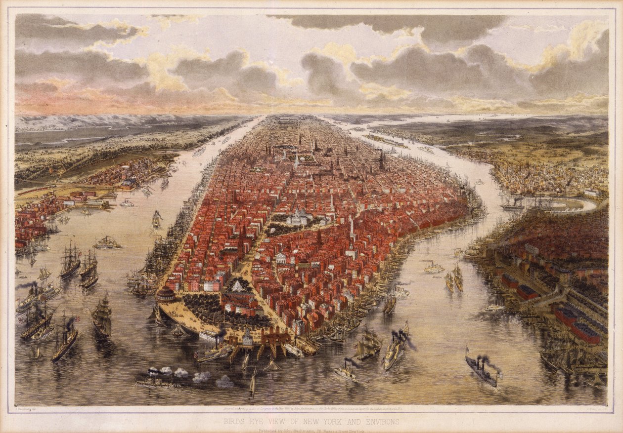 New York és környéke madártávlatból, 1865 alkotó: John Bachmann