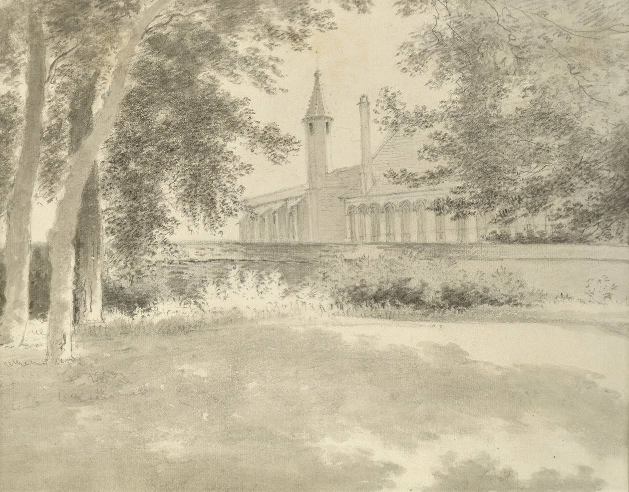 Balliol kápolna és könyvtár a liget felől, 1783. augusztus 2. (Szürke mosás grafitra) alkotó: John Baptist Malchair