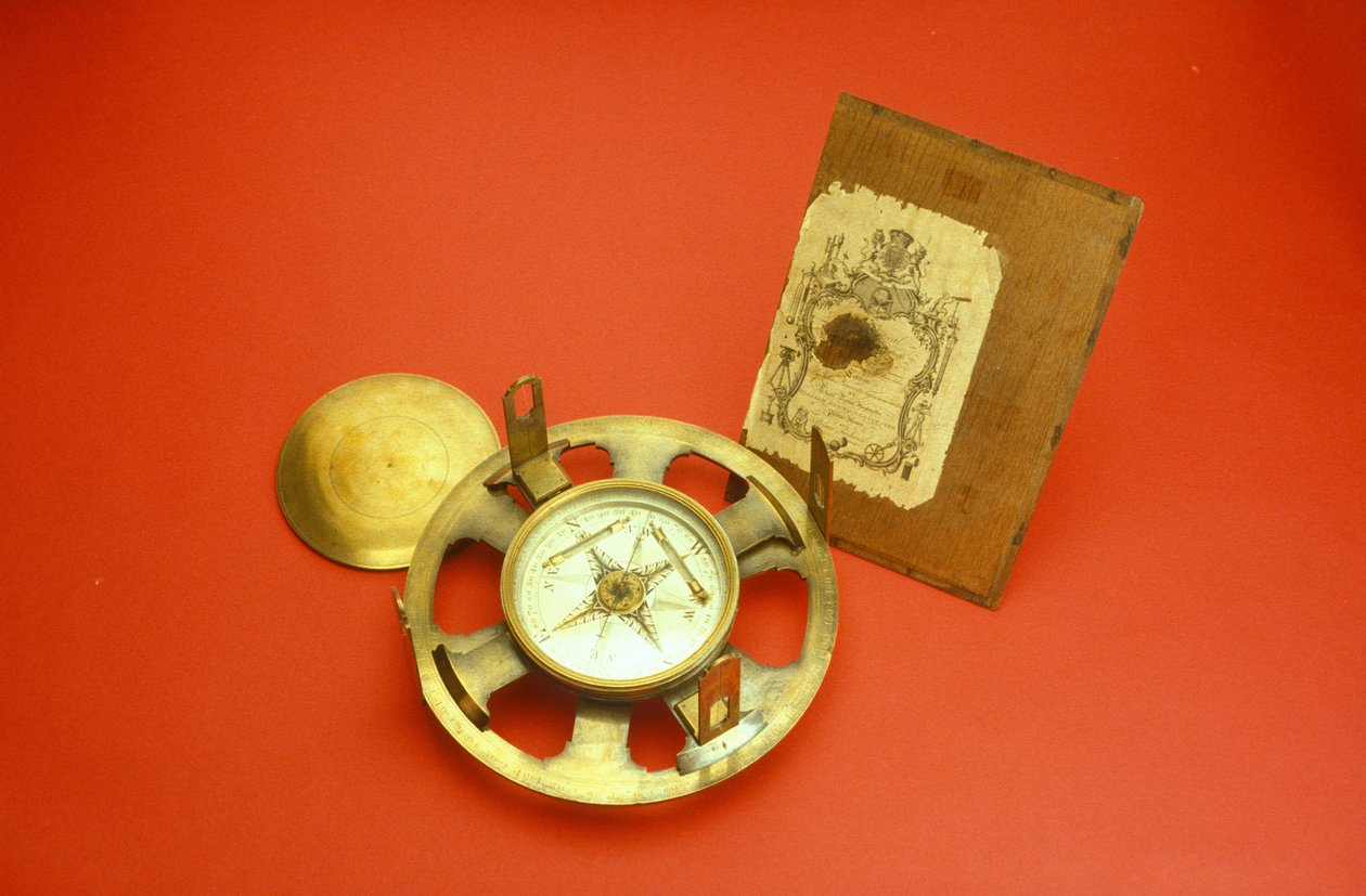 Sima teodolit, a tokfedél belső oldalán kereskedelmi kártyával, 1780 körüli (sárgaréz) alkotó: John Bennett