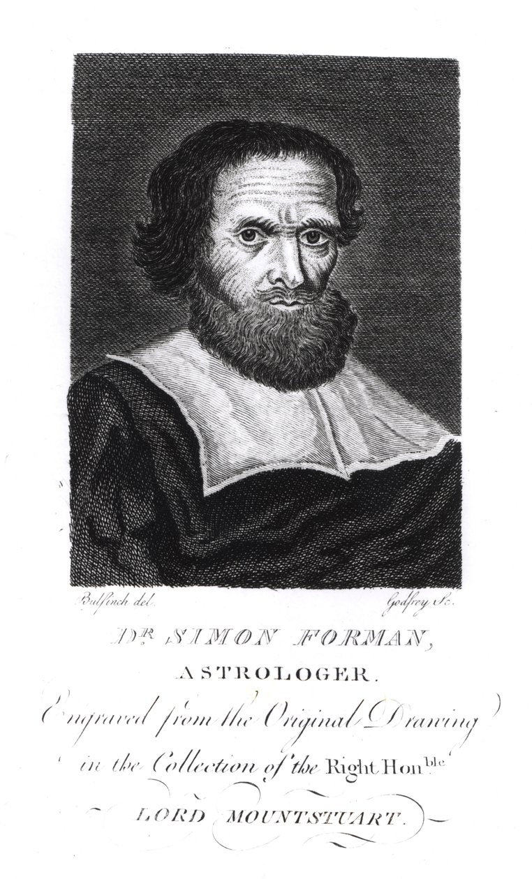Dr. Simon Forman (1552-1611) portréja Godfrey metszetében (fekete-fehér fotó) alkotó: John Bulfinch