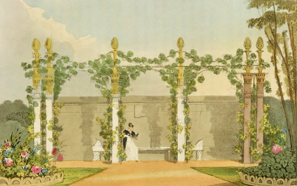Kerti ülőhely, Ackermann 1822-ben kiadott "Repository of Arts" című művéből. alkotó: John Buonarotti Papworth