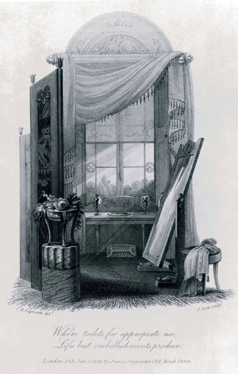 Gerciai bútorok tervezése (öltöző) J. B. Papworth által, Peter Coxe The Social Day című művéből, 1823, metszet. alkotó: John Buonarotti Papworth