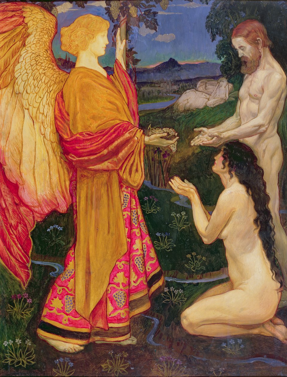 Az angyal az Édenkert gyümölcseit kínálja Ádámnak és Évának alkotó: John Byam Liston Shaw