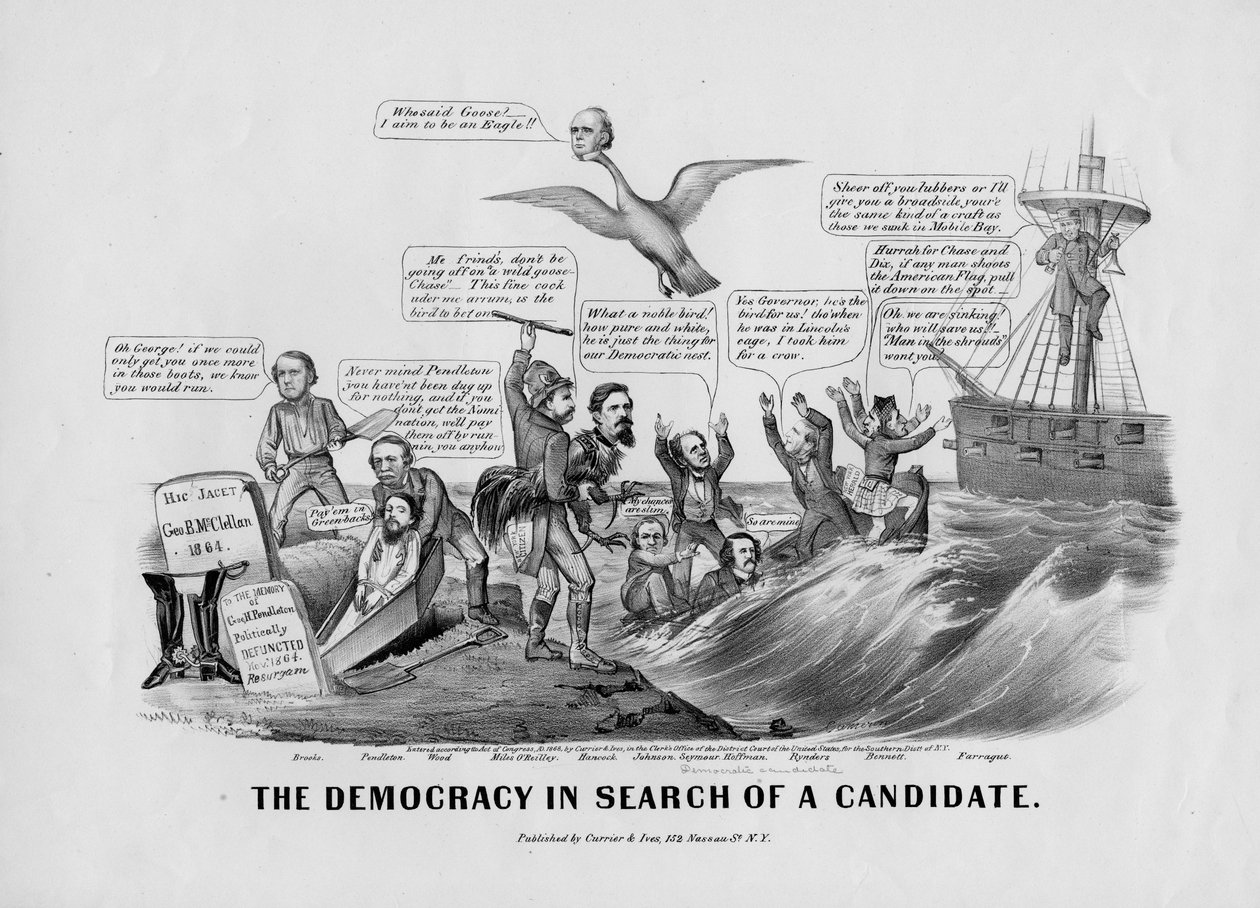 A Demokrácia jelöltet keres, kiadó: Currier und Ives, New York, 1868. alkotó: John Cameron