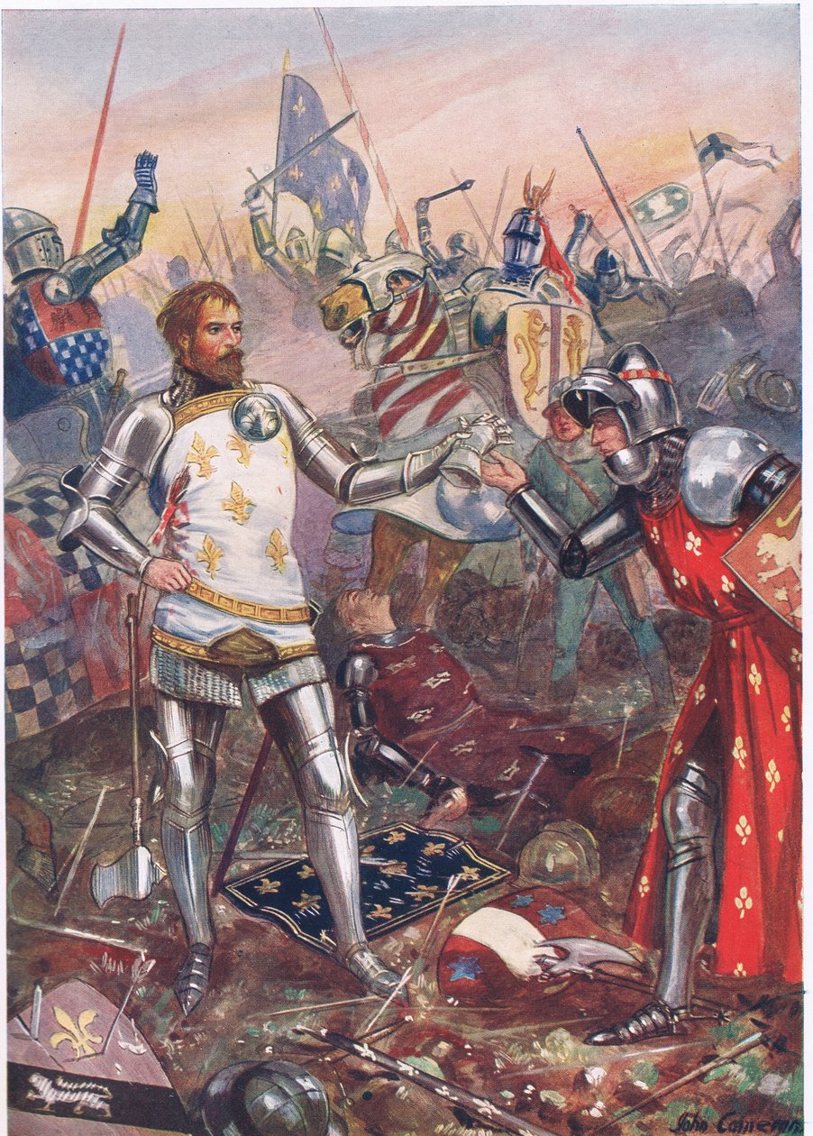 II. francia János megadása a poitiers-i csatában, illusztráció a „British Battles on szárazföldön és tengeren” című könyvből, kiadó: Cassell, London, 1910 körül alkotó: John Cameron