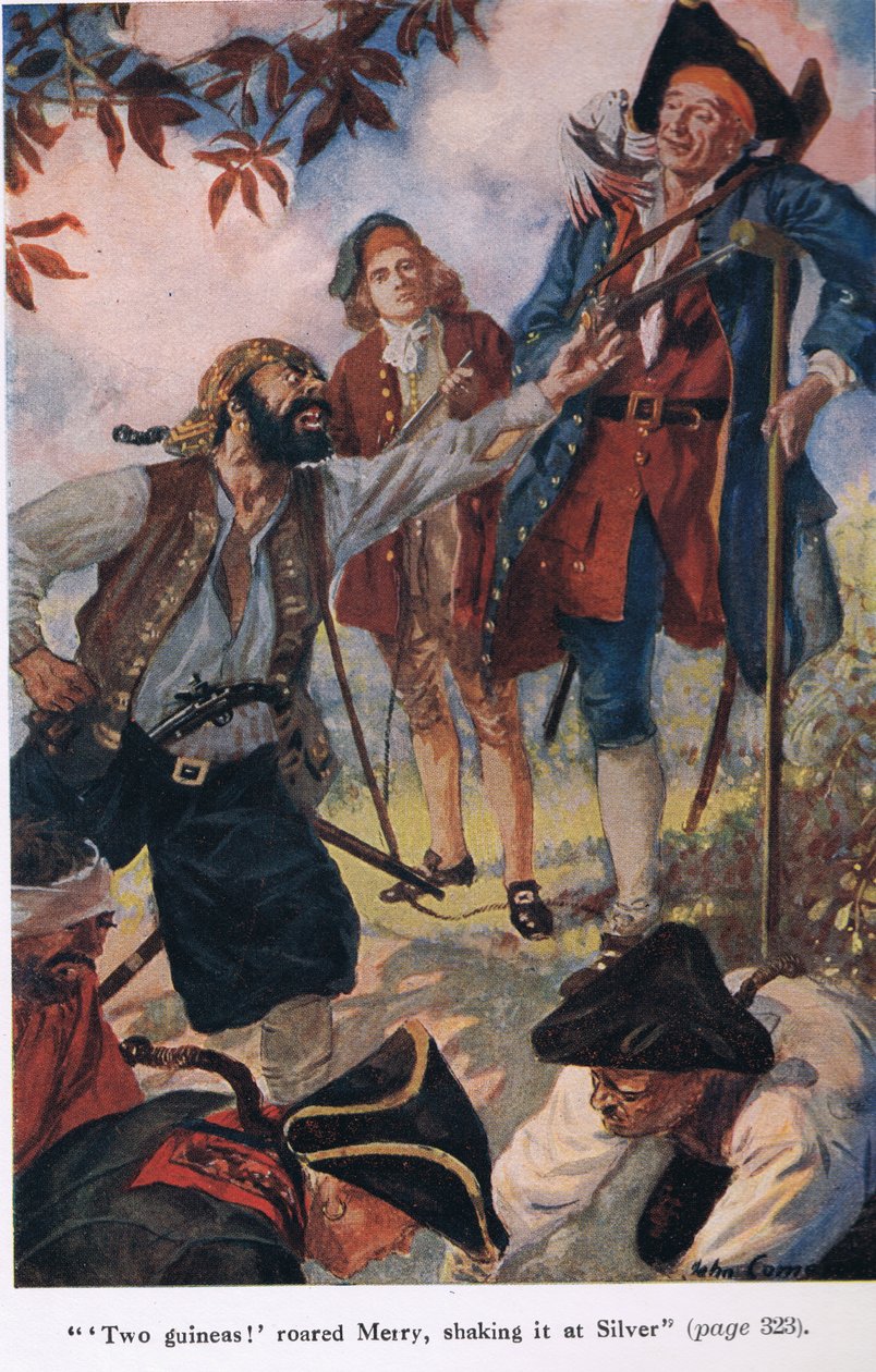 Két guinea kiáltotta Merryt, és Silverre rázta, illusztrációja a „Kincses sziget” című művéből, Robert Louis Stevenson alkotó: John Cameron