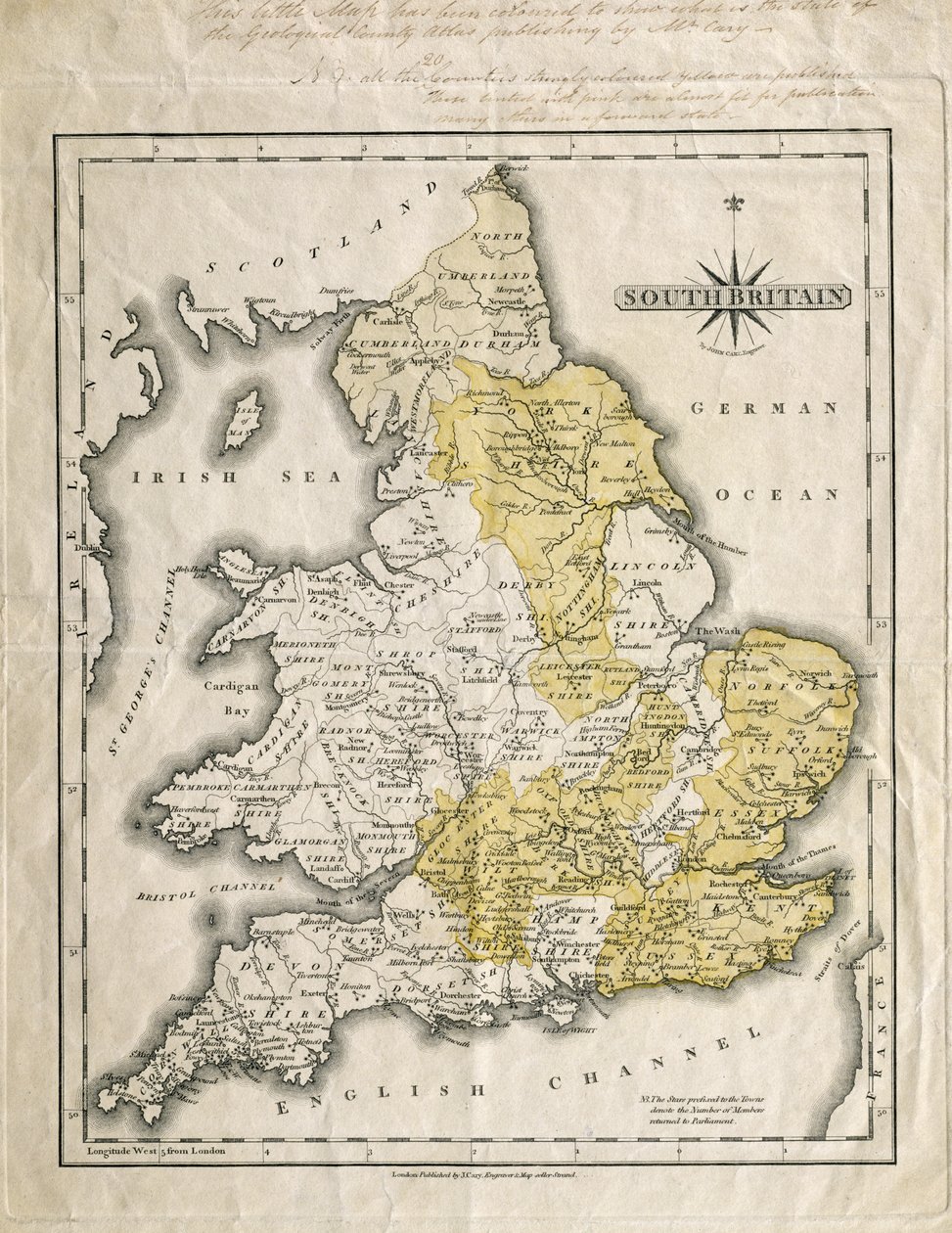 Dél-Britannia térképe, színezve a geológiai szempontból érdekes területek feltüntetésével, William Smith (1769-1839) jegyzeteivel. alkotó: John Cary