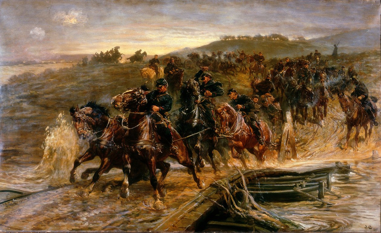 A francia tüzérség átkelése a megáradt Aisne-on és az ágyúk megmentése, 1915 alkotó: John Charlton