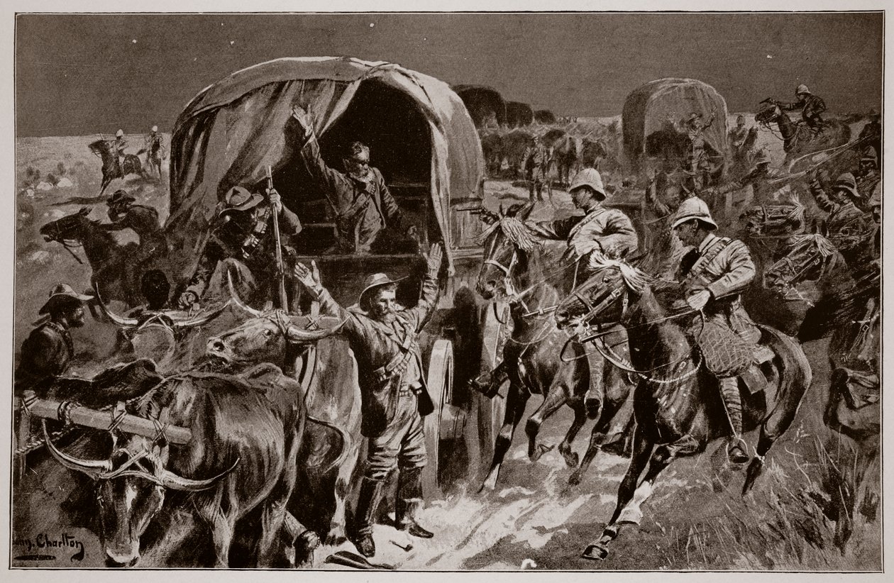 Éjszakai támadás egy búr konvoj ellen Williams ezredes vezetésével a lovas gyalogság által, egy brit tiszt rajza után. alkotó: John Charlton