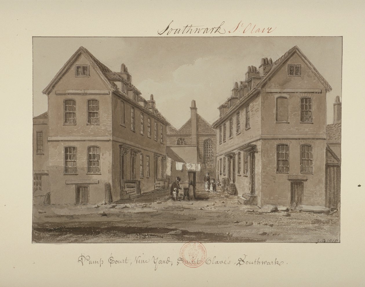 Egy figura képe, aki vizet gyűjt a Pump Court-ban, Vine Yard, Bermondsey, 1828 (mosás papíron) alkotó: John Chessell Buckler