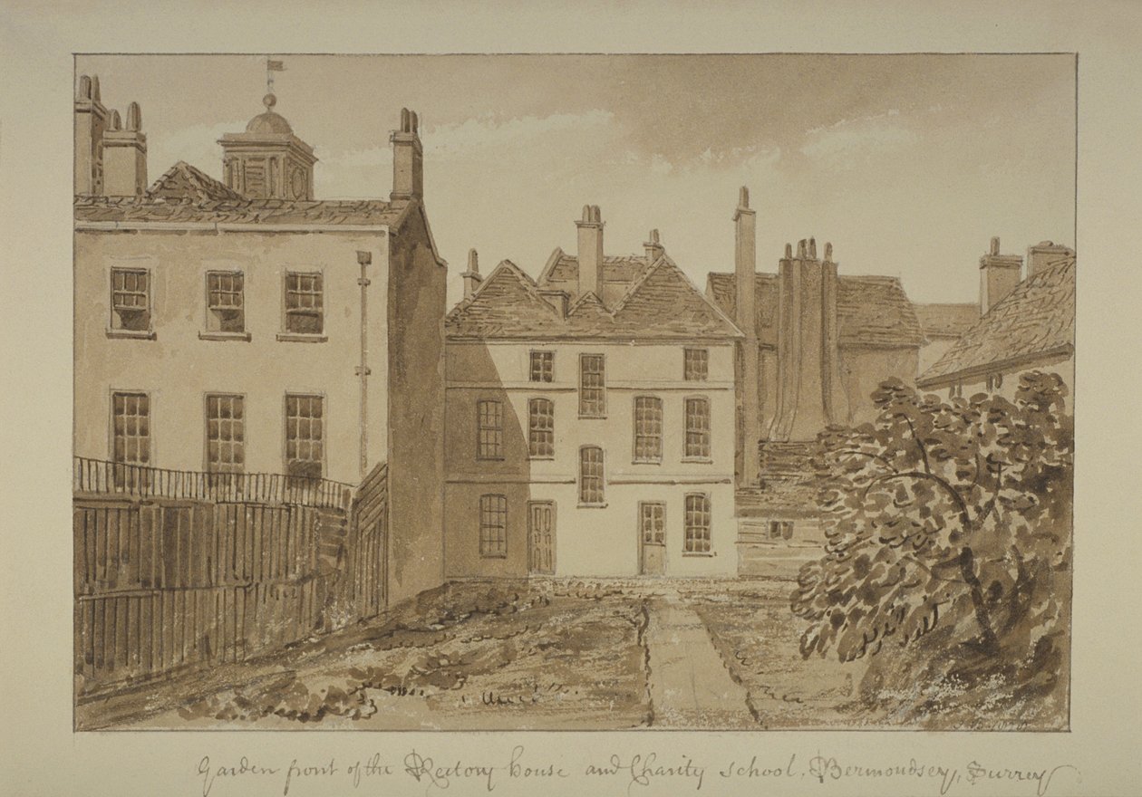 Kilátás a paplakról és a Szent Mária Magdolna Jótékonysági Iskoláról, Bermondsey, 1828 (mosás papíron) alkotó: John Chessell Buckler