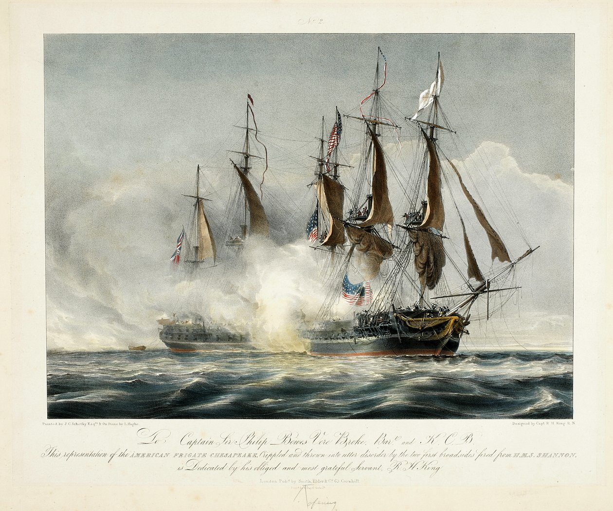 Ez az amerikai fregatt Chesapeake ábrázolása, amelyet a H.M.S.-ből kilőtt két első két szélsőséges zűrzavar megnyomorított és teljesen zavarba hozott. Shannon....., dátum nélküli alkotó: John Christian Schetky