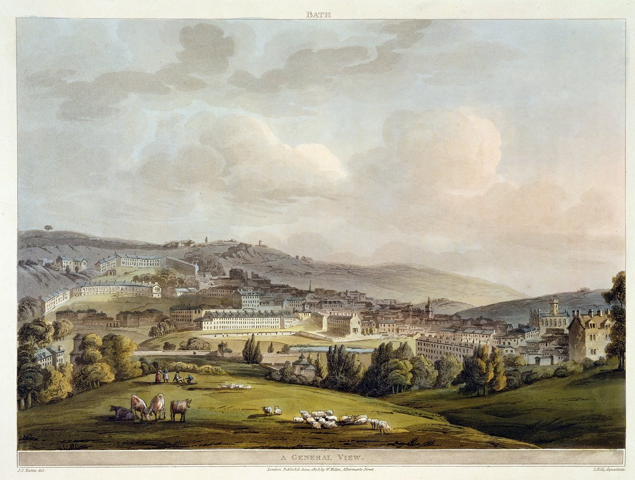Bath általános látképe, a "Bath Illustrated by a Series of Views" című, John Hill (1770-1850) által metszett és William Miller által kiadott "Bath Illustrated by a Series of Views" című műből, 1805 (aquatinta). alkotó: John Claude Nattes