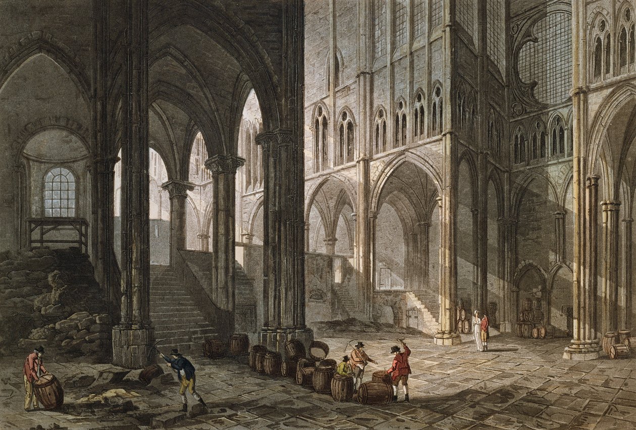 A Saint-Denis-bazilikában bort árusító kereskedő, 1809 (színes metszet) alkotó: John Claude Nattes