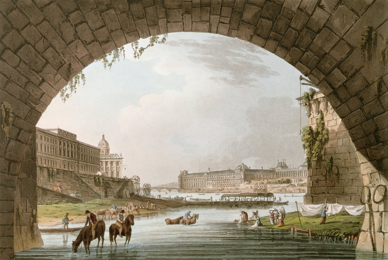 Panoráma a Szajnára a Pont Neuf alól, nyugatra nézve a Louvre, a La Monnaie és a College de Quatre Nations felé, a „Versailles, Párizs és Saint-Denis” illusztrációja a vagy alkotó: John Claude Nattes