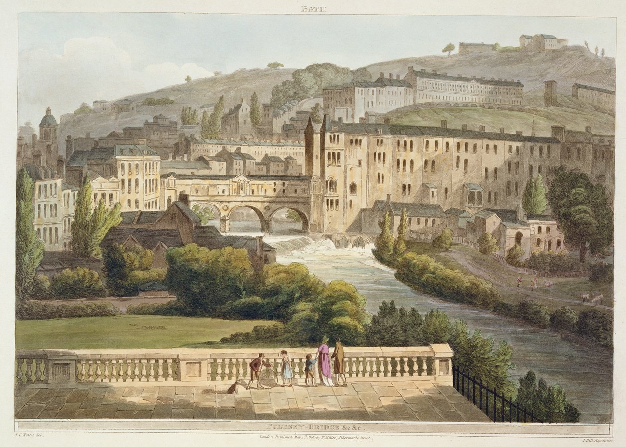 Pulteney-híd, a „Bath Illustrated by a Series of Views”-ből, John Hill (1770-1850) pub metszetében. William Miller, 1805 (akvatinta) alkotó: John Claude Nattes