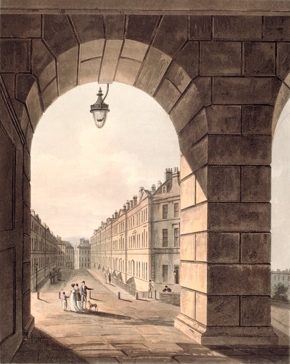 A Laura Place-ben végződő Pulteney Street a Sydney Gardens átjáróján keresztül, a „Bath, Illustrated by a Series of Views” című filmből, 1806 alkotó: John Claude Nattes