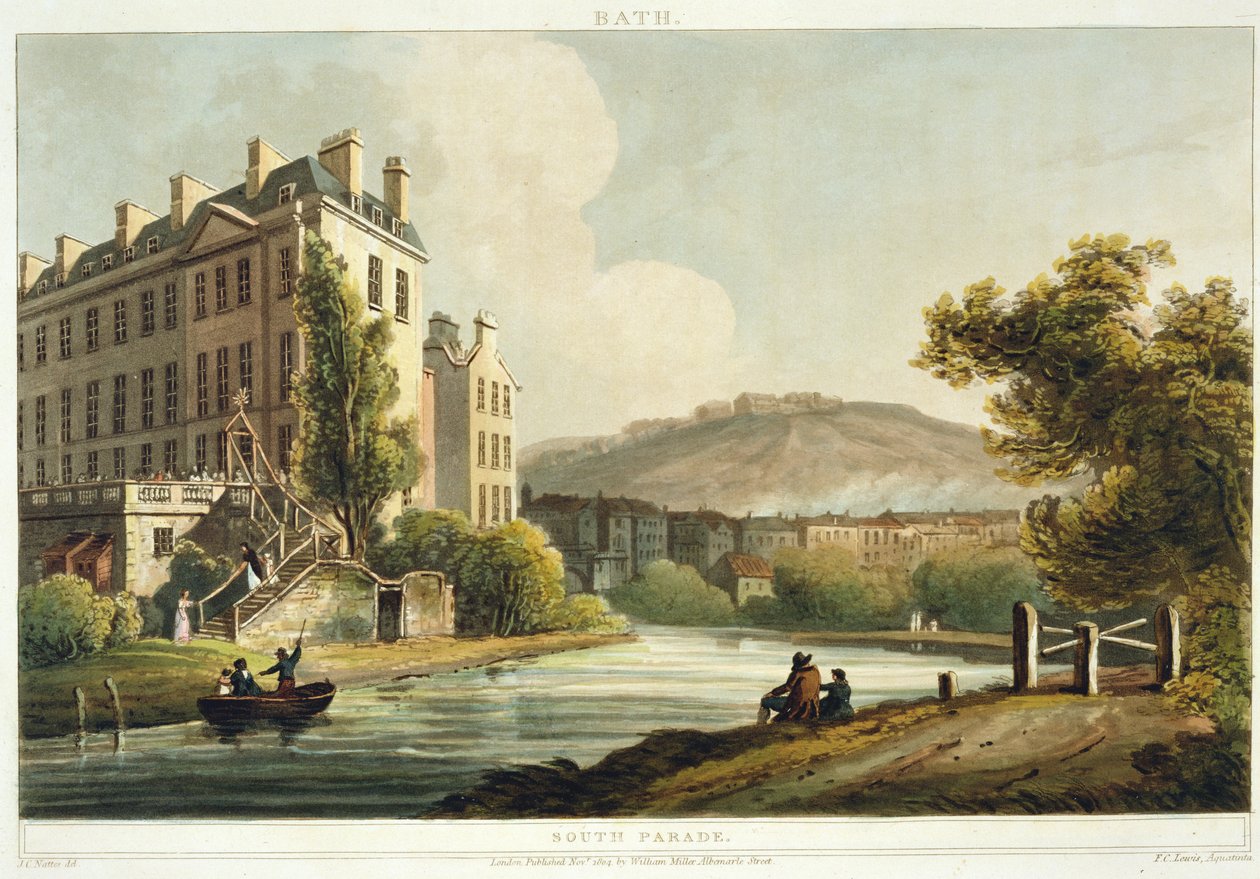 South Parade, a „Bath Illustrated by a Series of Views”-ből, John Hill (1770-1850) kocsma által metszett. William Miller, 1804 (akvatinta) alkotó: John Claude Nattes