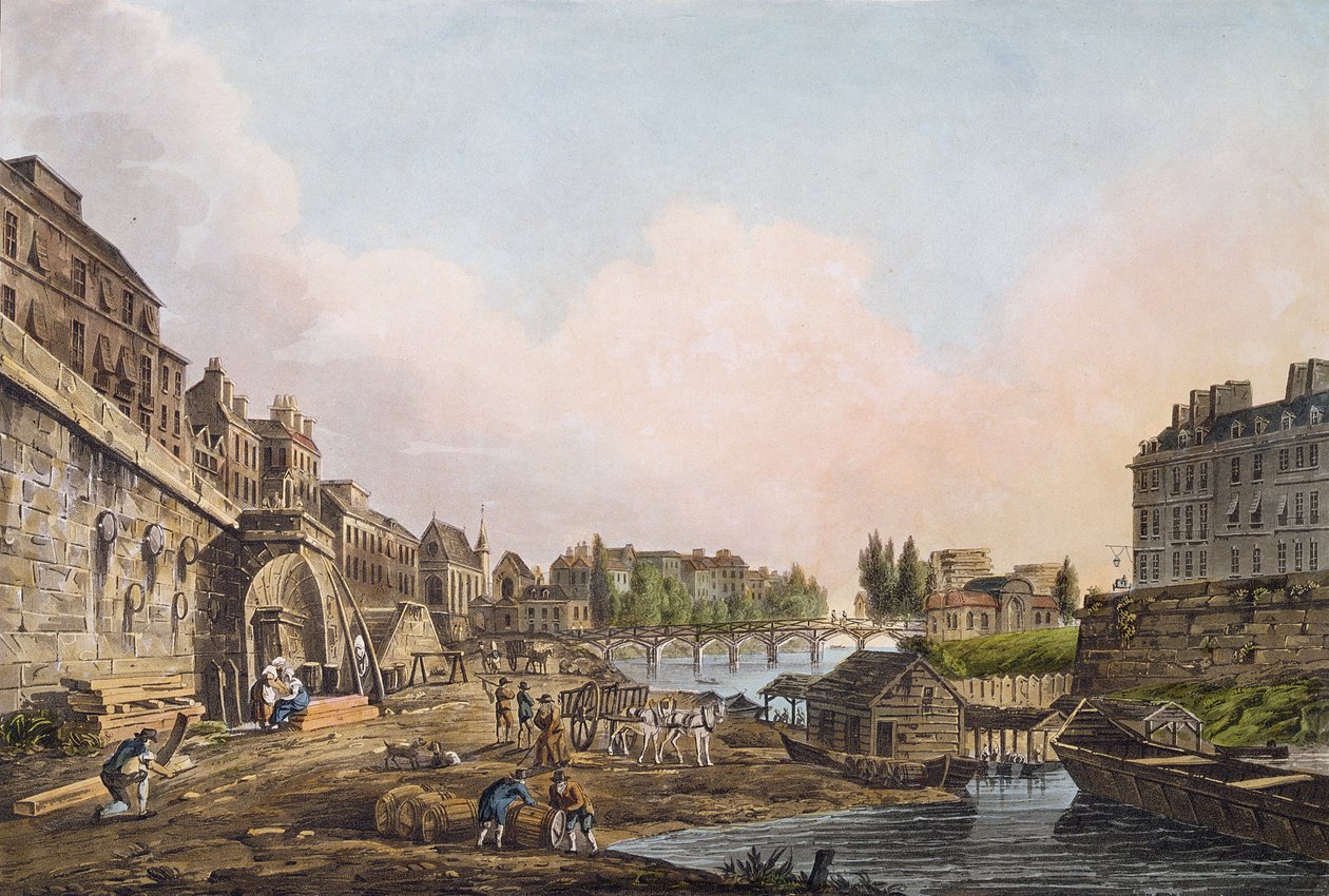 Kilátás a Szajnára a Pont Notre-Dame boltíve alól, 1805 (színes akvatinta) alkotó: John Claude Nattes