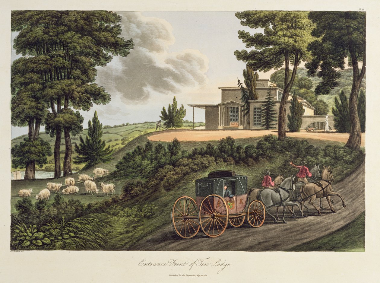 A Tew Lodge bejárata, illusztráció az 1811-ben kiadott, skót stílusú farmok elhelyezéséről szóló megfigyelésekből (akvatinta) alkotó: John Claudius Loudon