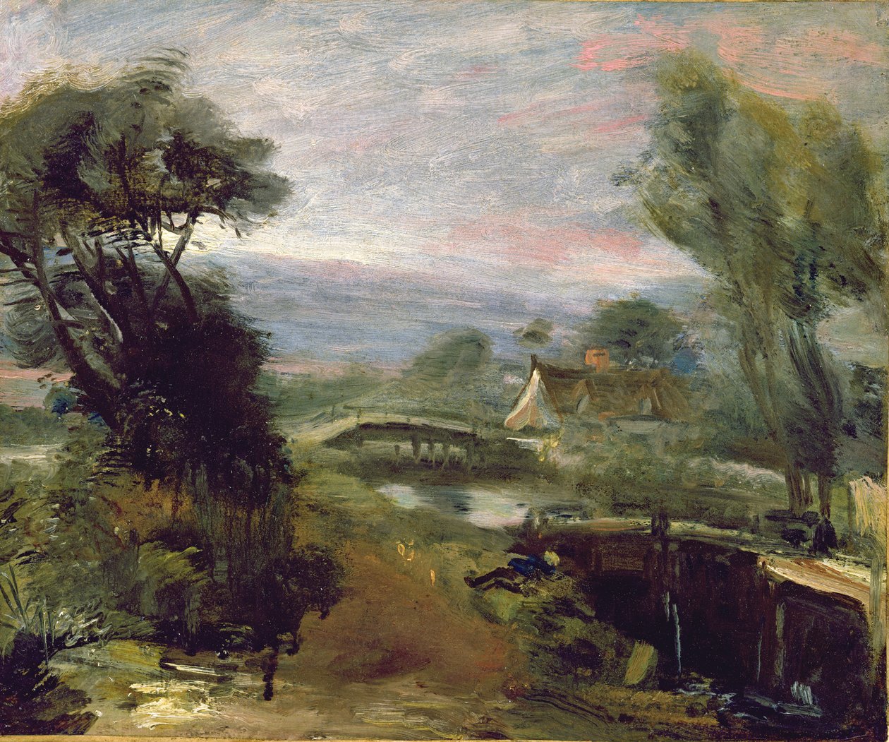 Kilátás a Flatford malom közelében (olaj, papír, vászonra fektetve) alkotó: John Constable