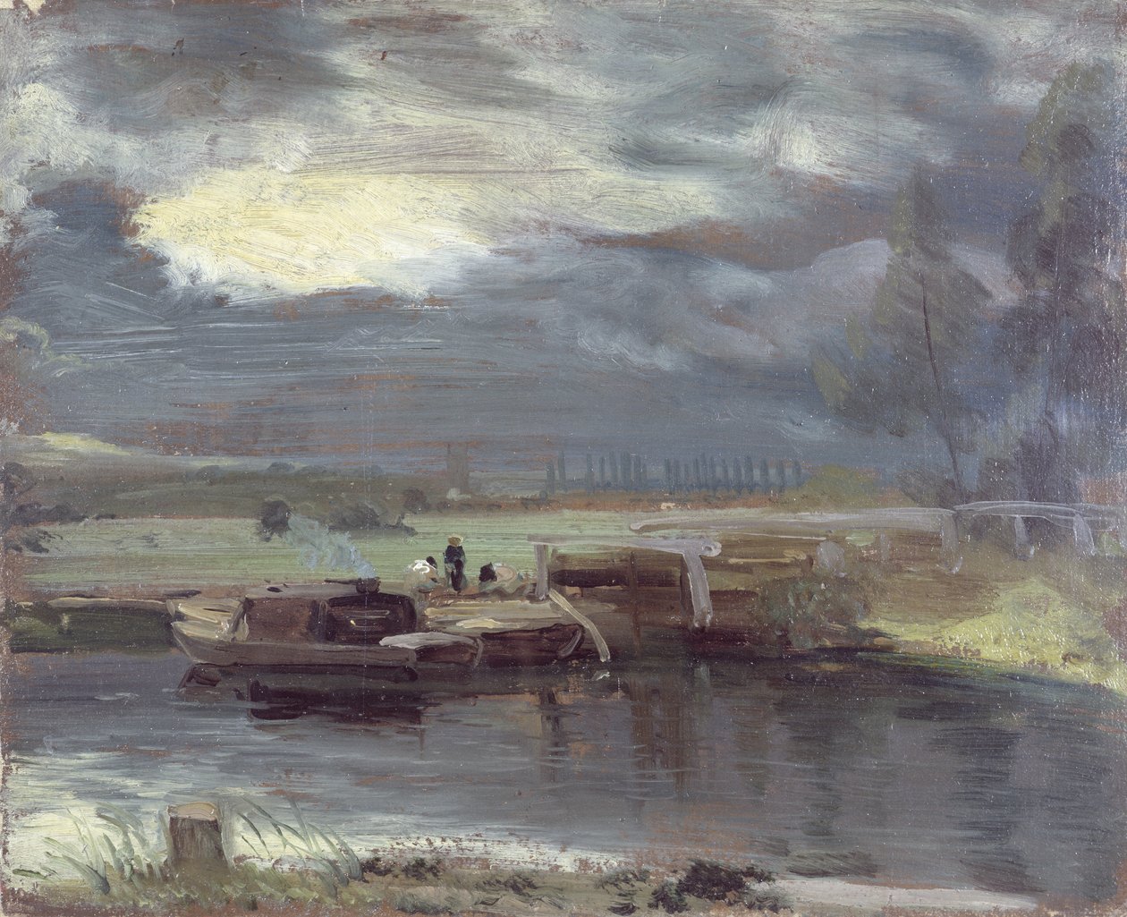 Bárkák a Stouron Dedham templommal a távolban, 1811 (olaj, papír, vászonra fektetve) alkotó: John Constable