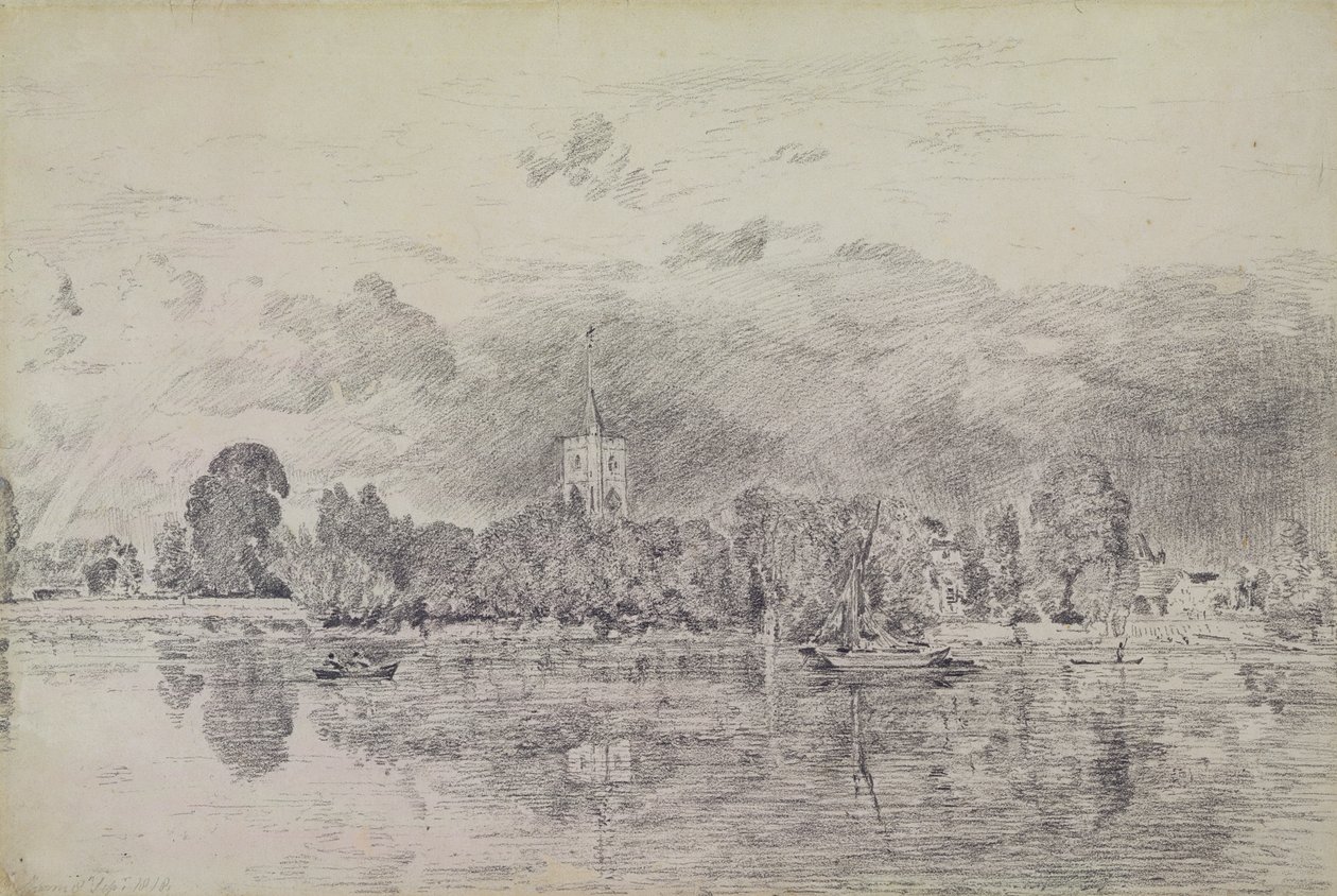 Fulham templom a folyó túloldaláról, 1818 (grafit papíron) alkotó: John Constable