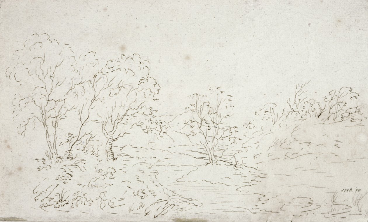 Táj: fák között futó patak (rajz) alkotó: John Constable