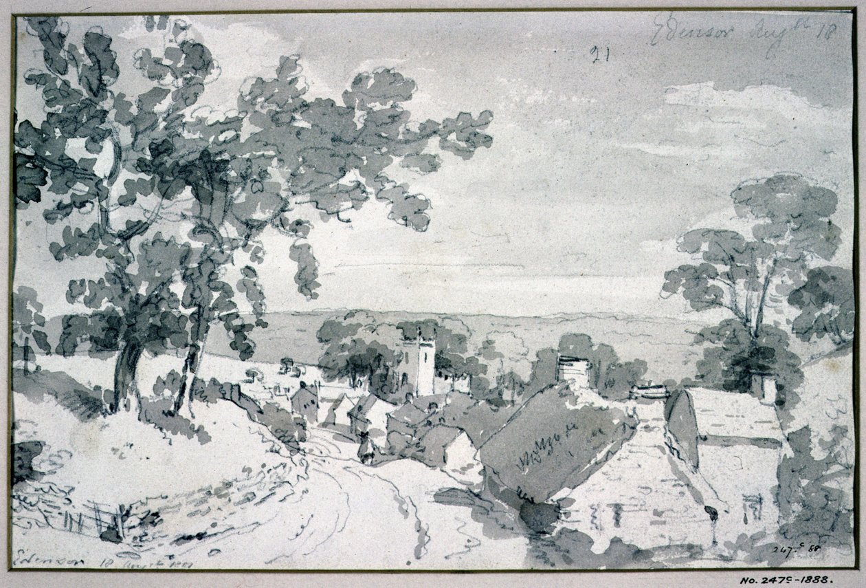 Edensor falu bejárata, 1801 (ceruza és szépia mosás) alkotó: John Constable