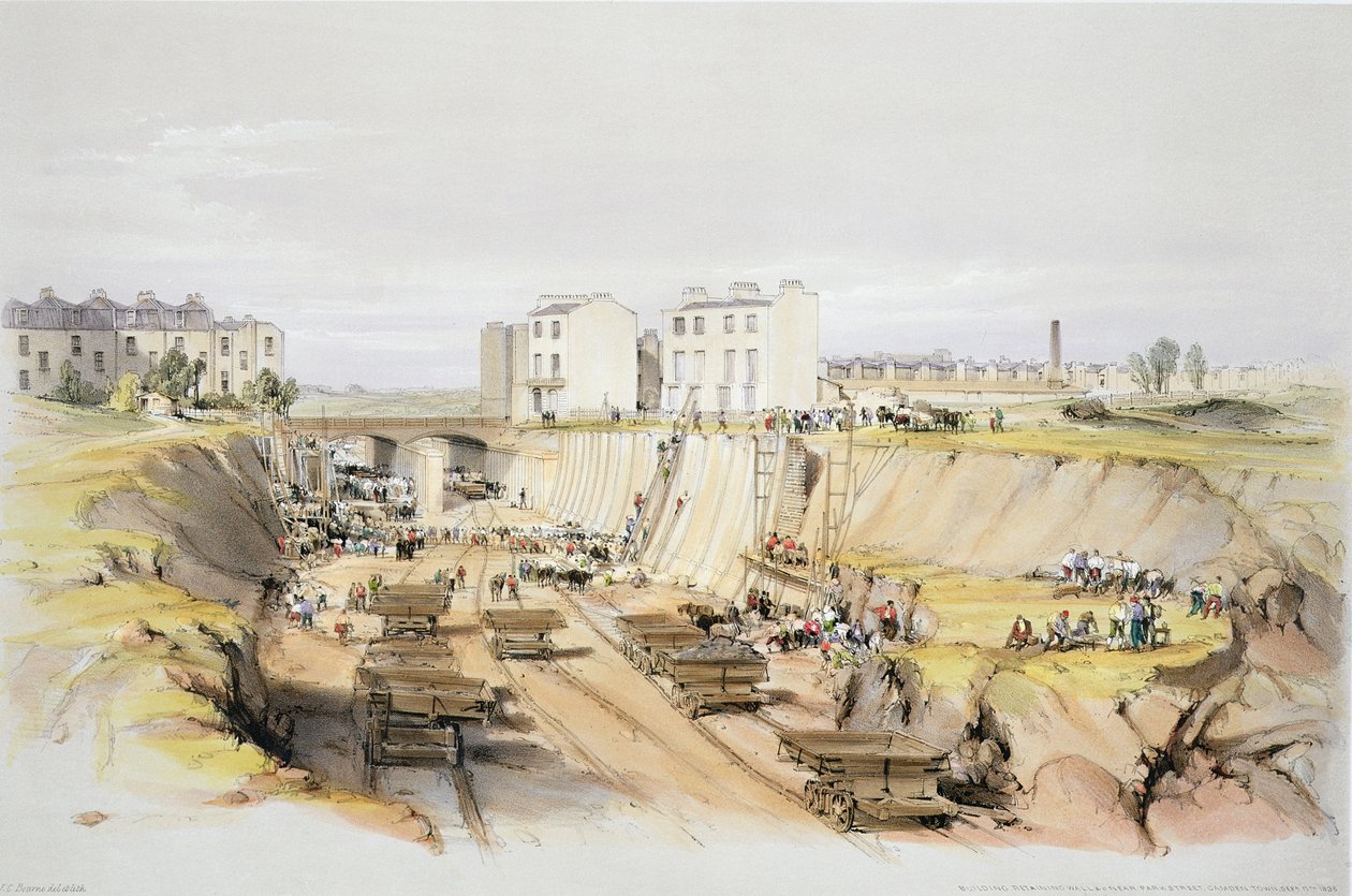 A támfal építése a Park Street közelében, Camden Town, 1836. szeptember 17., a művész metszete, 1838. alkotó: John Cooke Bourne