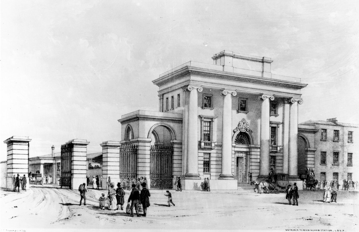 Birmingham állomás bejárata, 1838 (toll, tinta és mosás papíron) alkotó: John Cooke Bourne