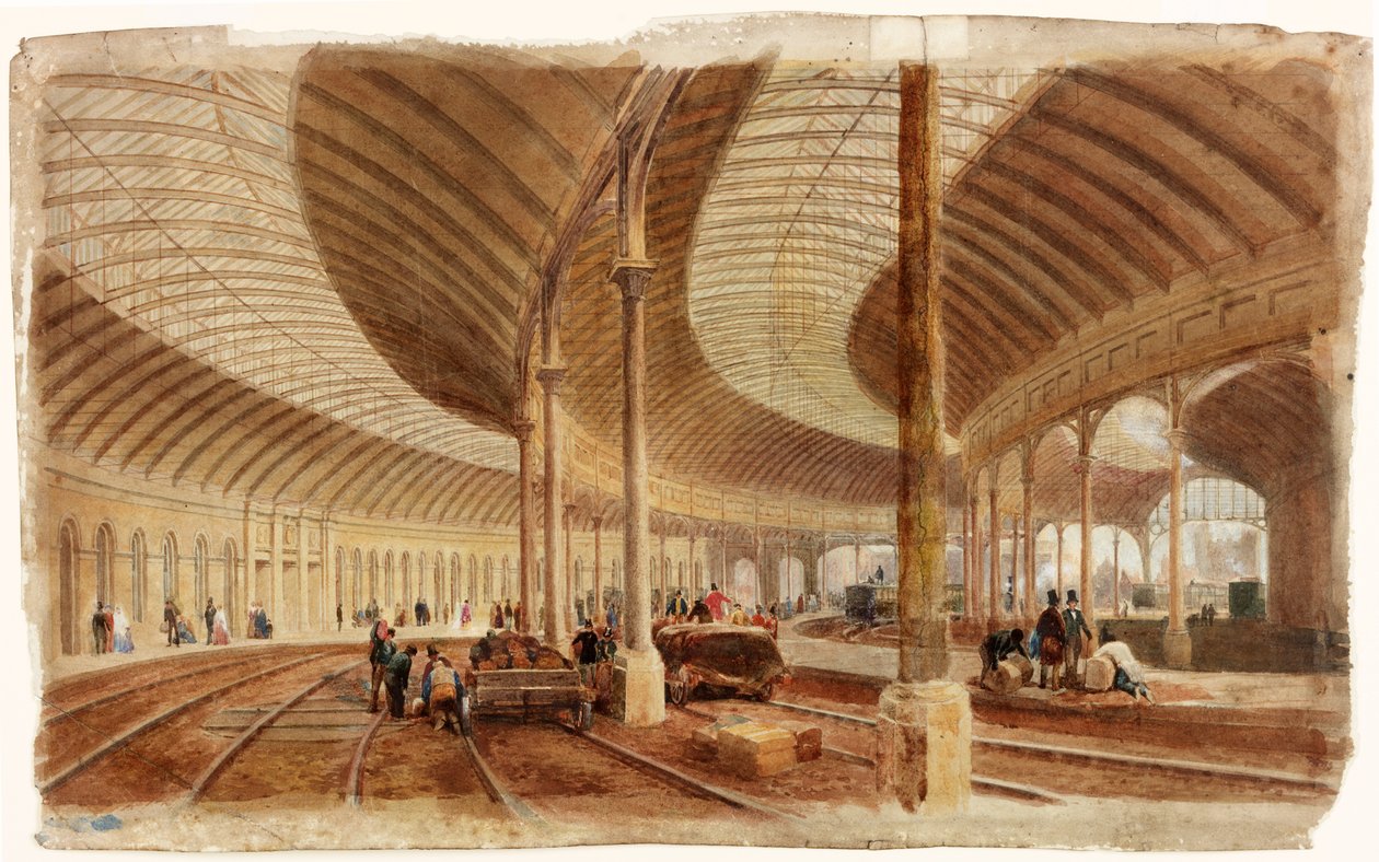 A központi pályaudvar belseje, Newcastle upon Tyne (bc, ceruza és WC papíron) alkotó: John Dobson