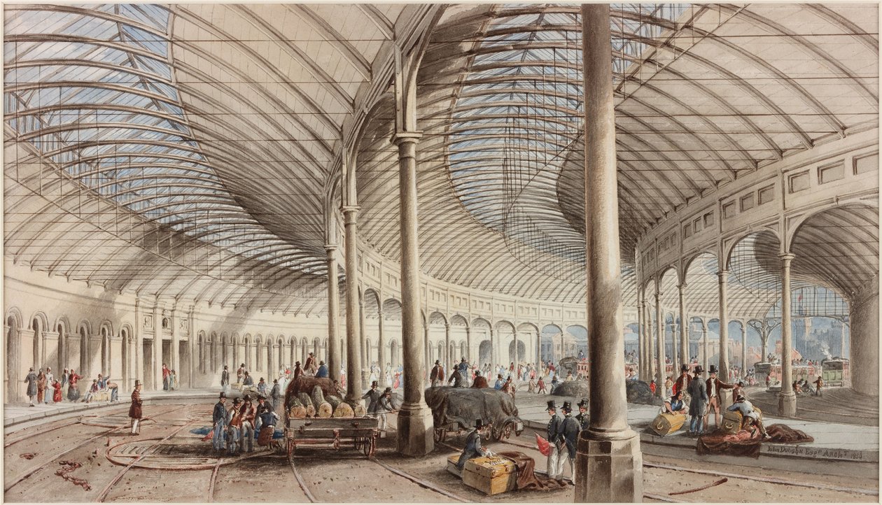 A központi pályaudvar belseje, Newcastle upon Tyne (bc, ceruza és WC papíron) alkotó: John Dobson