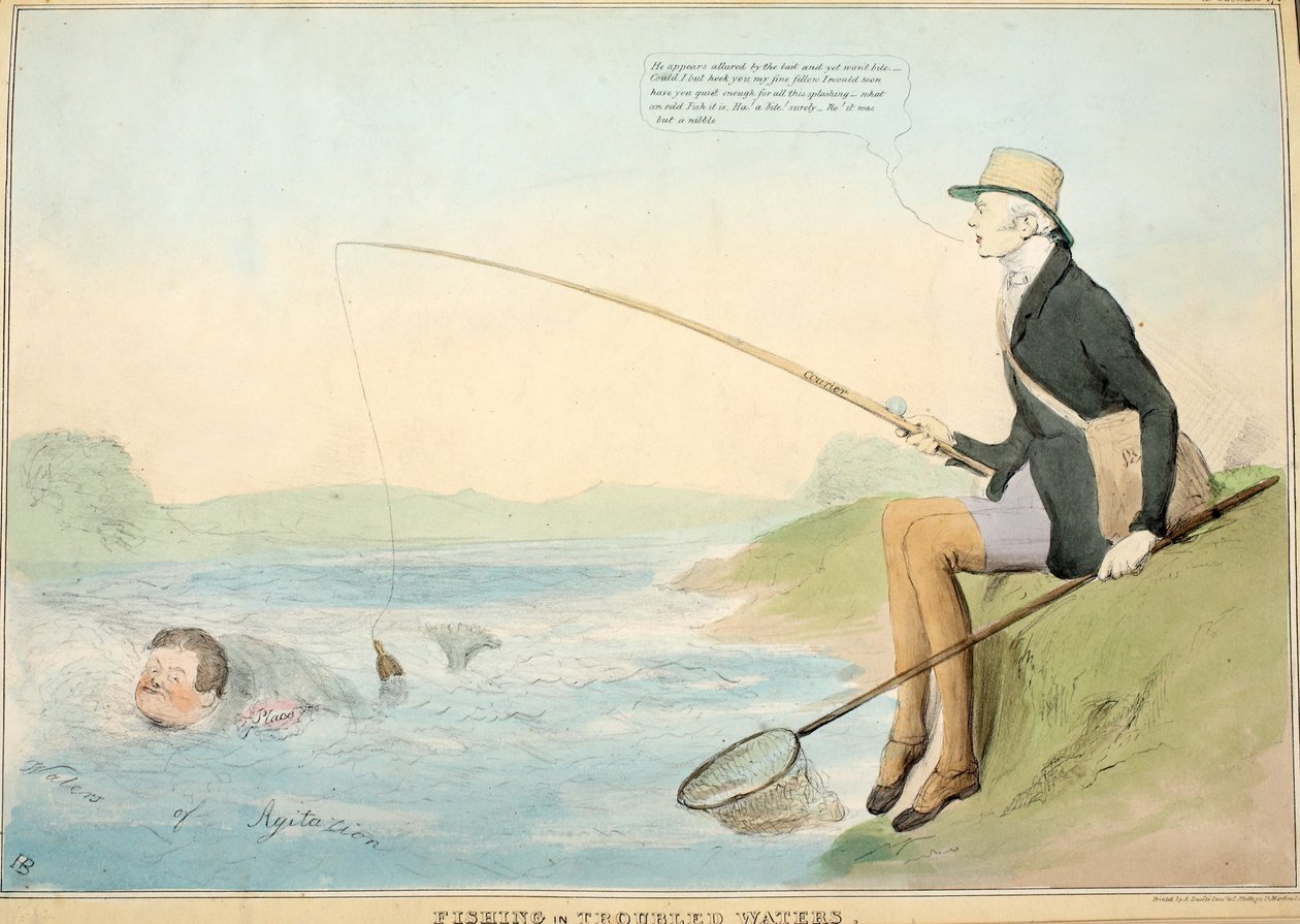 Horgászat Zavaros Vízen, kocsma. 1832 (kézzel színezett rézkarc) alkotó: John Doyle