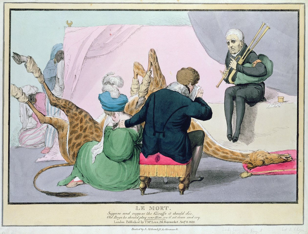 „Le Mort”, IV. György (1762-1830), karikatúra a királyról, aki a zsiráf halálát gyászolja a londoni állatkertben, J. Netherclift nyomda és kocsma. McLean, 1829, London, (kézzel színezett metszet) alkotó: John Doyle