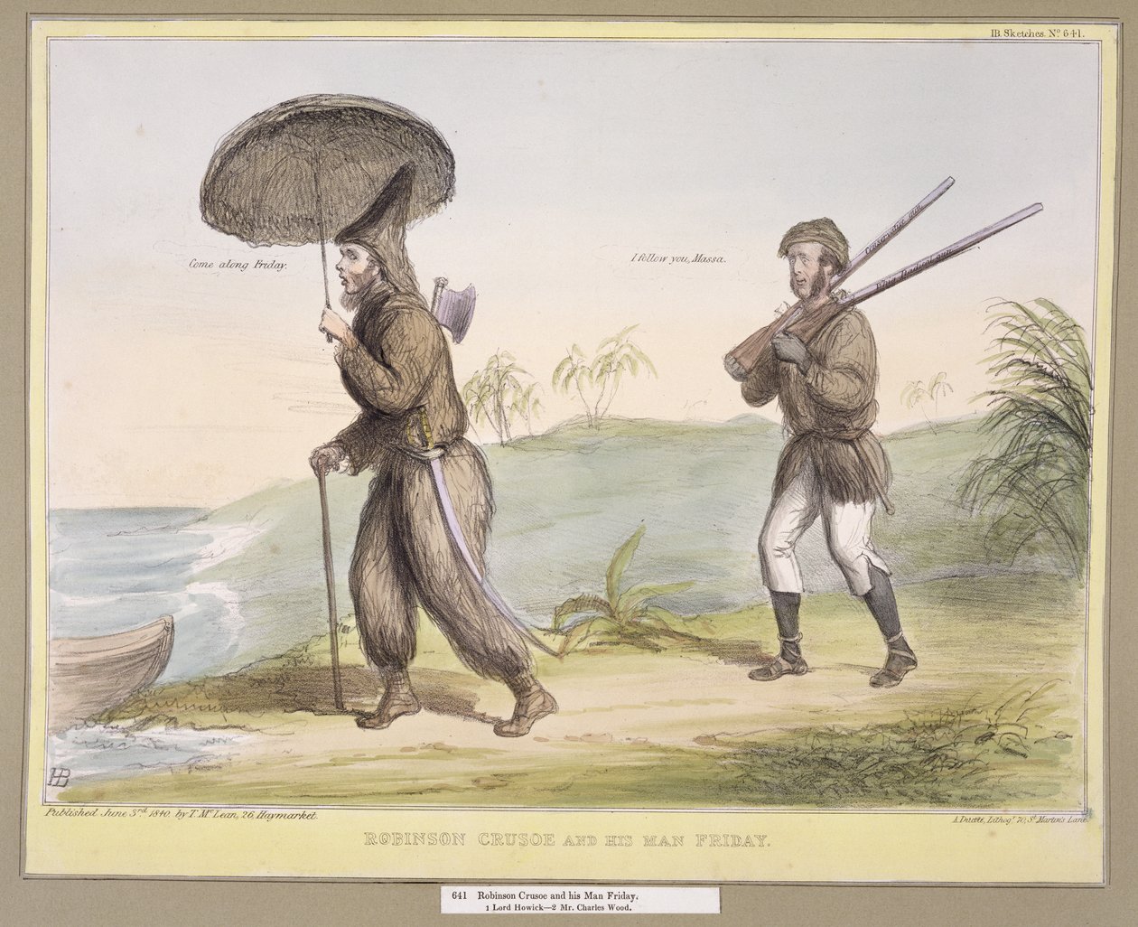 Robinson Crusoe és a pénteki embere, (HB Sketches No. 641) megjelent 1840. június 3-án. alkotó: John Doyle